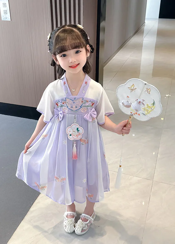 Purple V Neck Tassel Chiffon Girls Long Dresses Short Sleeve Tunics Practical durable Purple V Neck Tassel Chiffon Girls Long Dresses Short Sleeve Tunics Practical durable