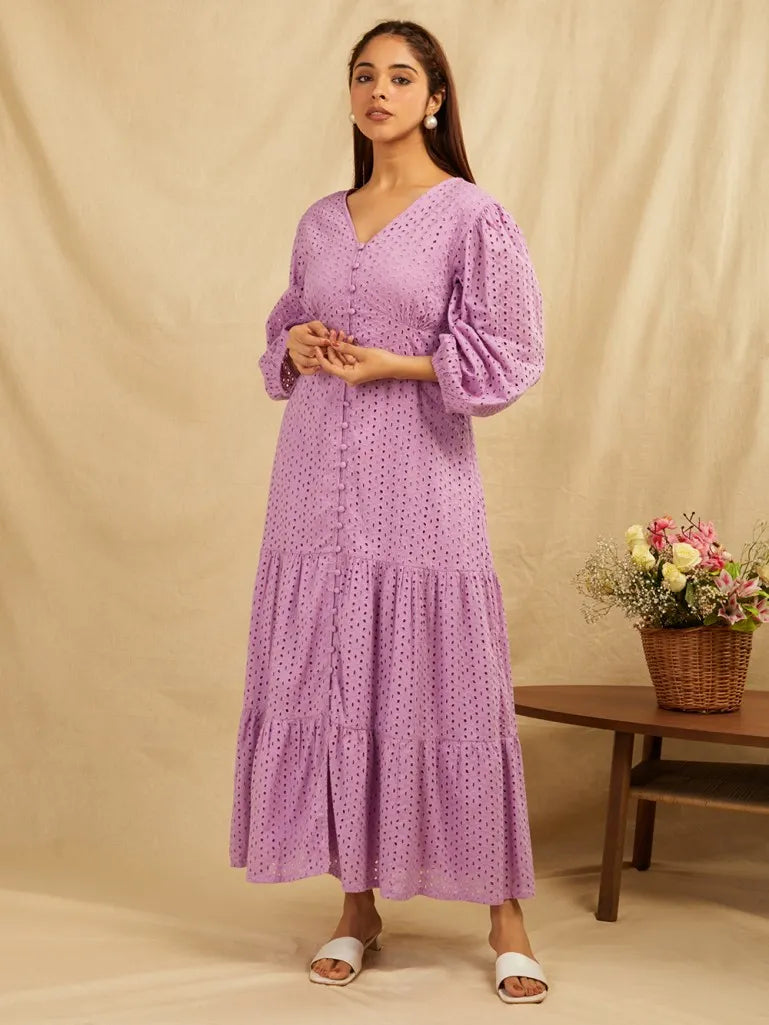 Lilac Cotton Schiffli Broadries Long Dress Tunics Velvet soft