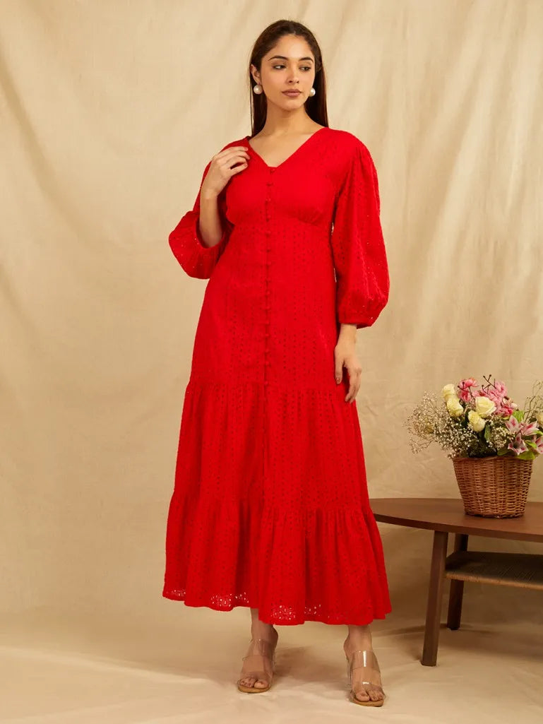 Red Cotton Schiffli Broadries Long Dress Tunics Chinos classic