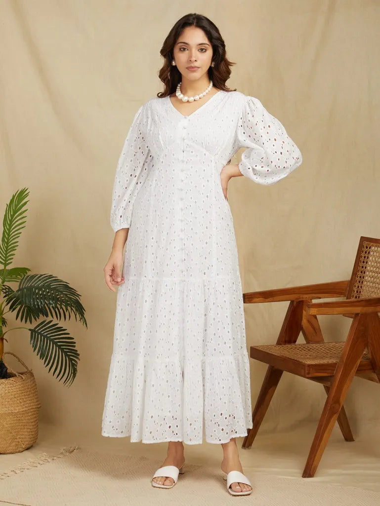 White 100% Cotton Broadries Long Dress Tunics Lace romantic
