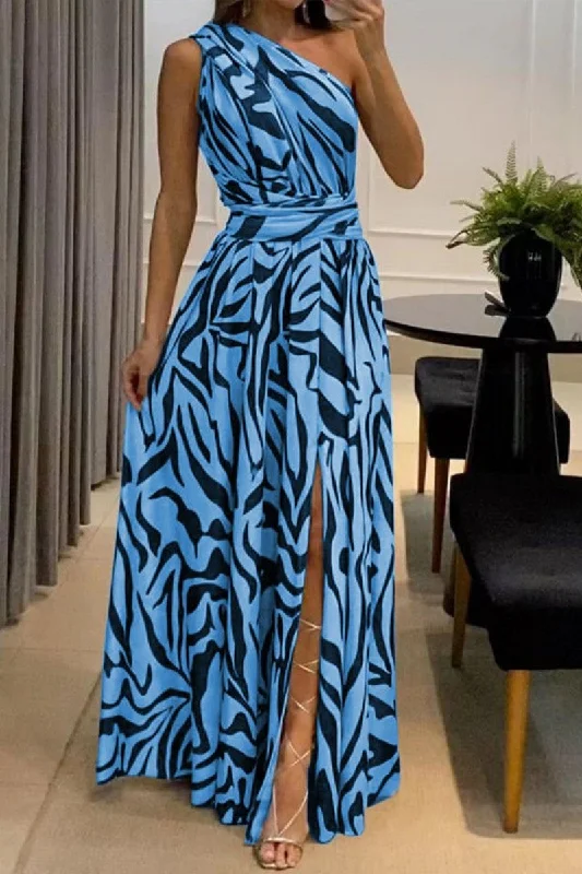 Sexy Casual Print Patchwork Backless Slit Oblique Collar Long Dress Off-the-shoulder Chic Trendy Sexy Casual Print Patchwork Backless Slit Oblique Collar Long Dress Off-the-shoulder Chic Trendy