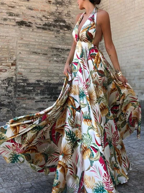 Sexy Sleeveless Printed Lace Halter Long Dress Tunics Ceremony elegant