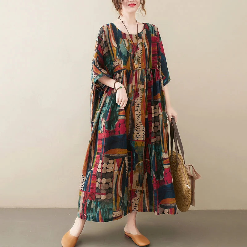 Short Sleeve Cotton Linen Vintage Print Summer Long Dresses For Women Casual Loose Holiday Ladies Dress Elegant Clothes Tunic Top Casual Short Sleeve Cotton Linen Vintage Print Summer Long Dresses For Women Casual Loose Holiday Ladies Dress Elegant Clothes Tunic Top Casual