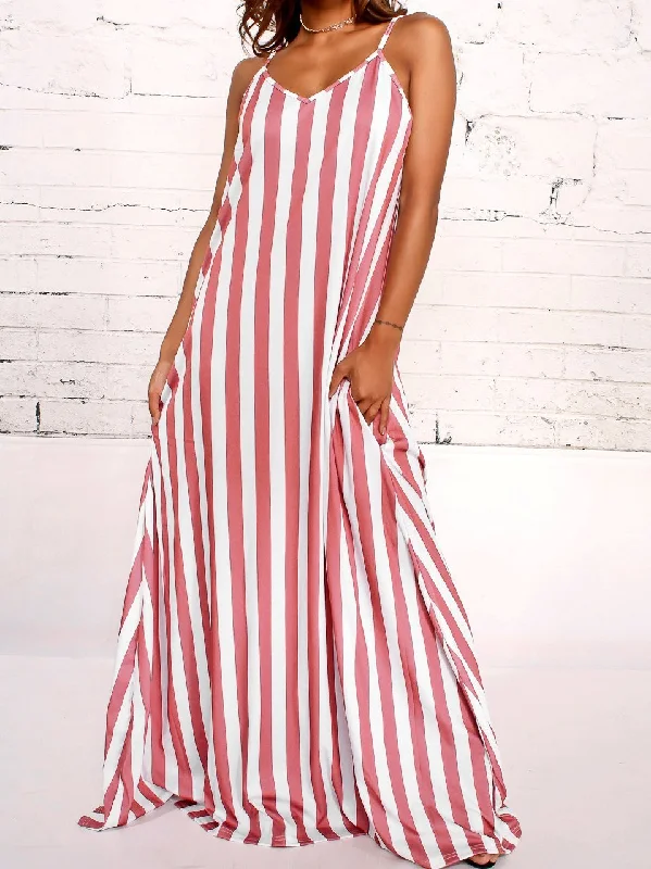 Stripe Spaghetti Strap Loose Maxi Long Dress Tunics Denim casual