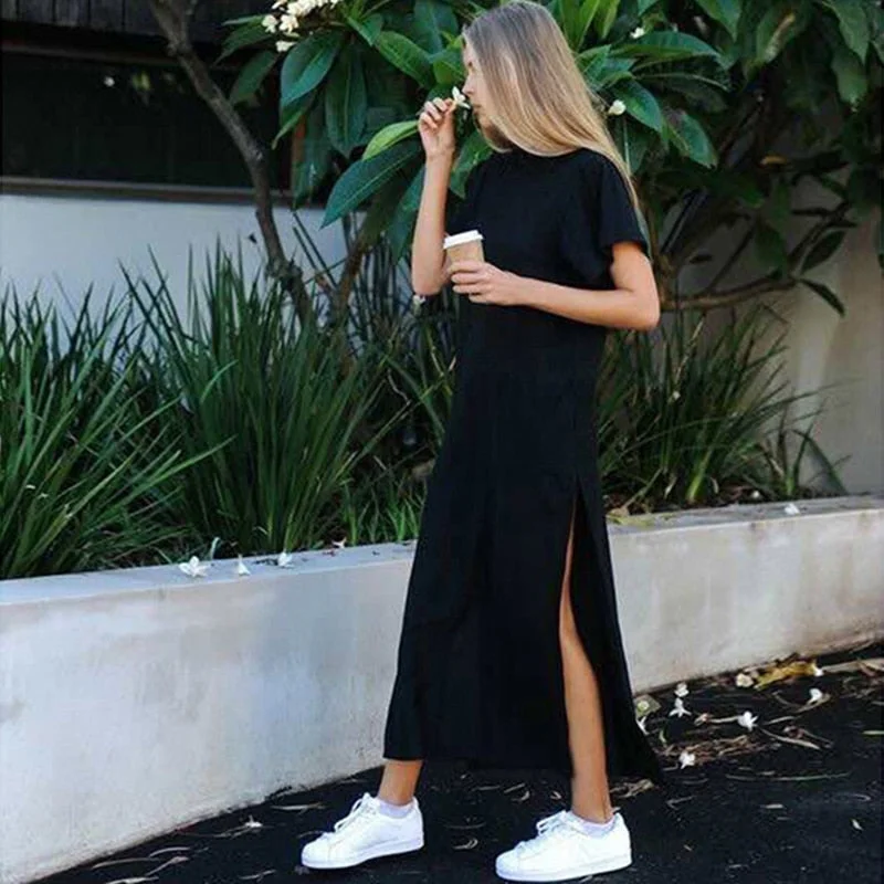 Summer Korean Style Midi Dress Women Casual Black Long Dresses Plus Size Short Sleeve Sexy Side Open Party Maxi T Shirt Dress Tunics Print Colorful Summer Korean Style Midi Dress Women Casual Black Long Dresses Plus Size Short Sleeve Sexy Side Open Party Maxi T Shirt Dress Tunics Print Colorful