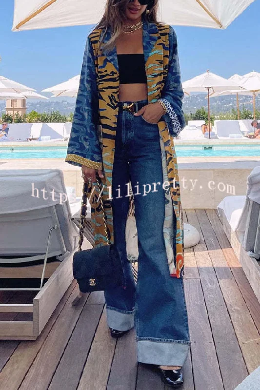 Tropical Jungle Tiger Unique Print  Long Sleeve Belt Pocketed Kimono Coat A-Line Ball Gown Mermaid