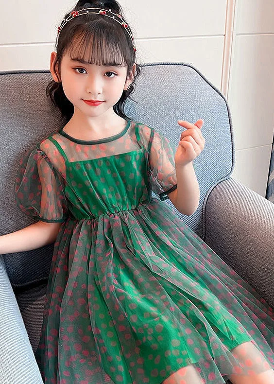 Unique Green O-Neck Dot Patchwork Tulle Girls Long Dress Summer Maxi Flowy Bohemian