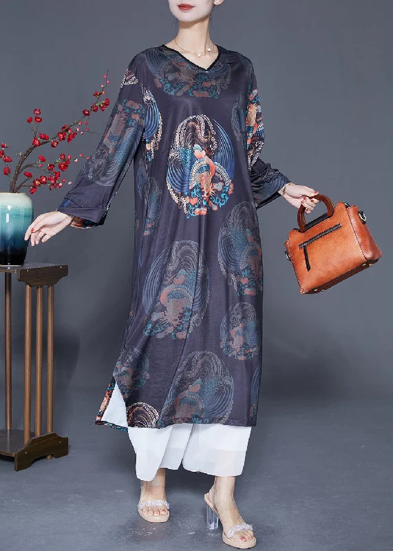 Vintage Black V Neck Print Side Open Silk Long Dress Long Sleeve Tunics Versatile stylish Vintage Black V Neck Print Side Open Silk Long Dress Long Sleeve Tunics Versatile stylish