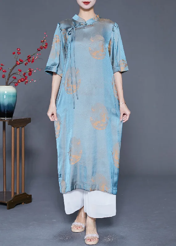 Vintage Blue Mandarin Collar Print Silk Long Dresses Summer Tunics Stylish modern