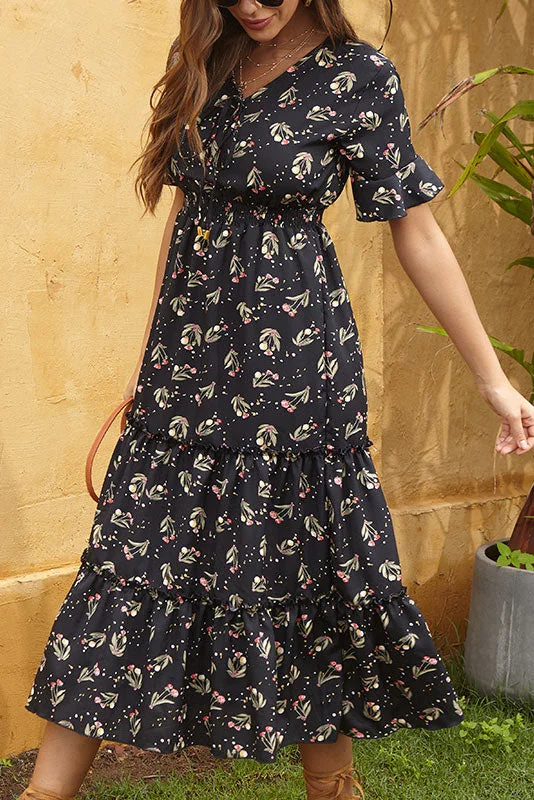 Vintage Printed Frilled Waist Long Dress Tunics Mesh breathable