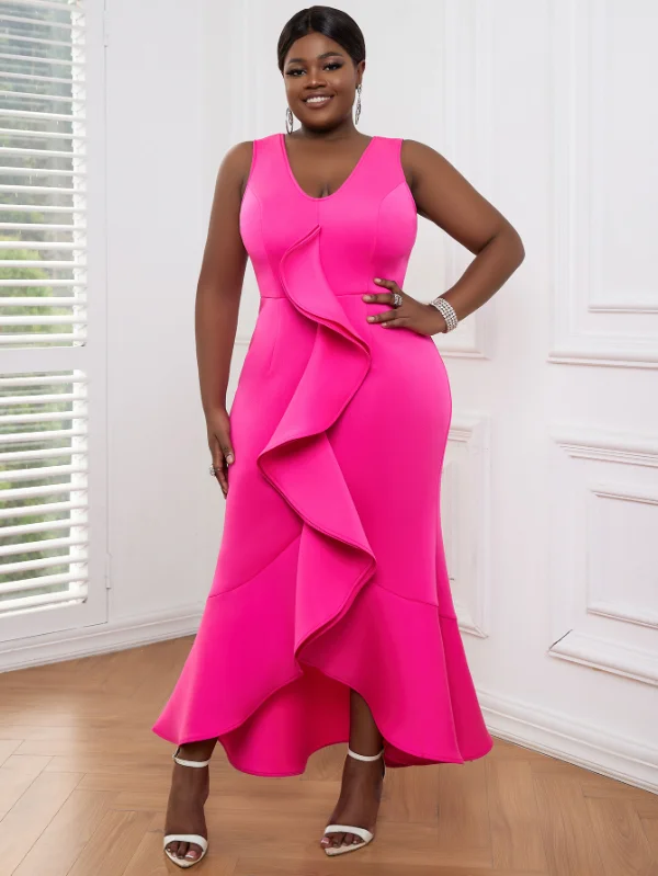 AOMEI Sexy Sleeveless Mermaid Ruffles Long Dress Crew Neckline Casual