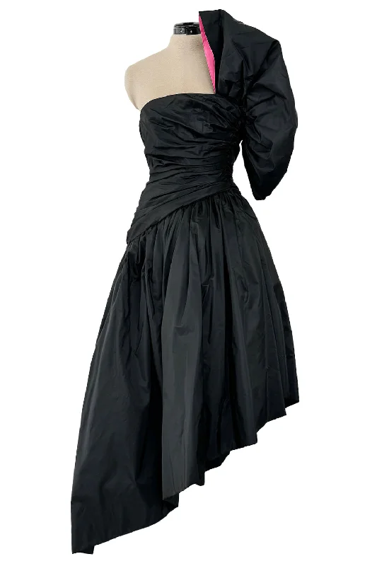 Striking 1980s Arnold Scaasi Couture Black Silk Strapless Dress w Pink Lined Half Bow & Shawl Trendy Floral Print Shawl Striking 1980s Arnold Scaasi Couture Black Silk Strapless Dress w Pink Lined Half Bow & Shawl Trendy Floral Print Shawl