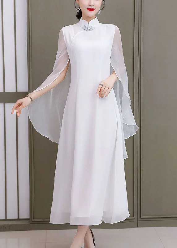 Vintage White Solid Mandarin Collar Shawl Chiffon Cheongsam Dress Sleeveless Fashionable Wool Blend Shawl Vintage White Solid Mandarin Collar Shawl Chiffon Cheongsam Dress Sleeveless Fashionable Wool Blend Shawl