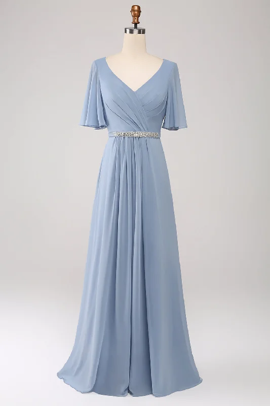 A-Line Chiffon Dusty Blue Long Bridesmaid Dress with Beaded Waist Tunics Practical easy-care