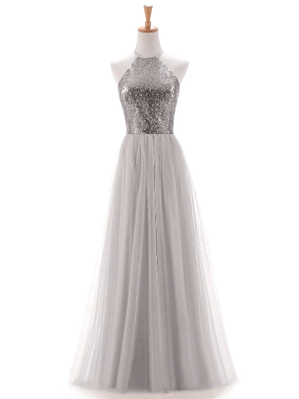 Sequins and Tulle Halter Long Dress Silver Tunics Trendy modern