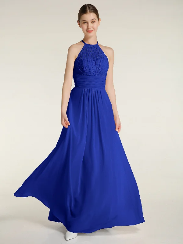 Halter Chiffon And Lace Long Dresses Royal Blue Tunics Business professional