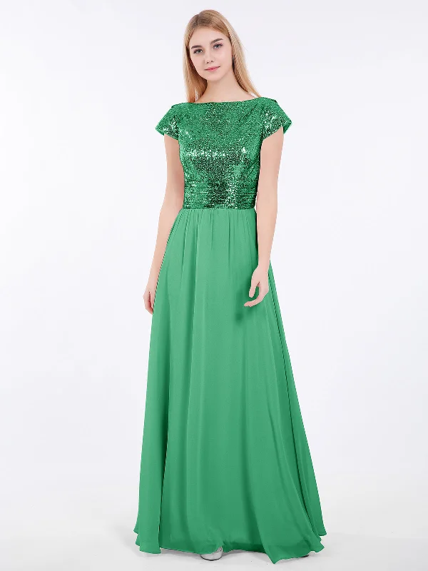Sequins Long Dress with Cap Sleeves Dark Green Tunics Yoga stretchy