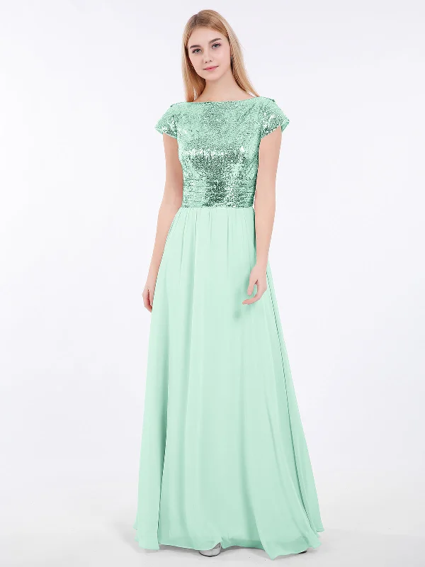 Sequins Long Dress with Cap Sleeves Mint Green Tunics Distressed trendy