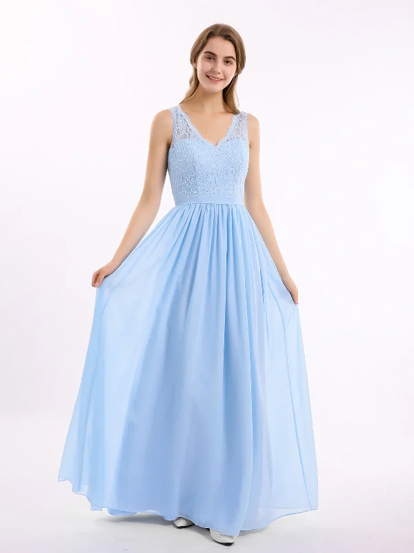 Lace Top and Chiffon Bottom Long Dresses Sky Blue Tunics Sophisticated sleek