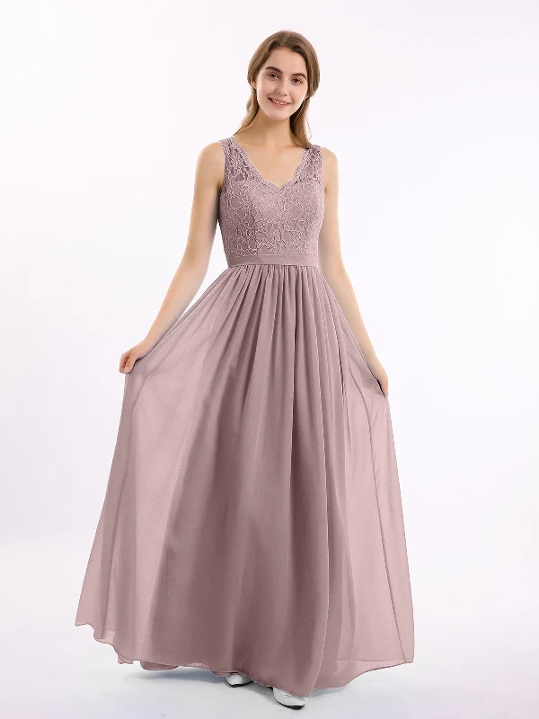 Lace Top and Chiffon Bottom Long Dresses Vintage Mauve Off-the-shoulder Chic Trendy