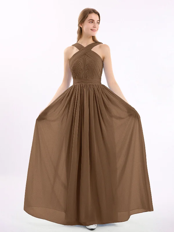 Cross Front Chiffon Long Dress with Bow Brown Tunics Plaid country