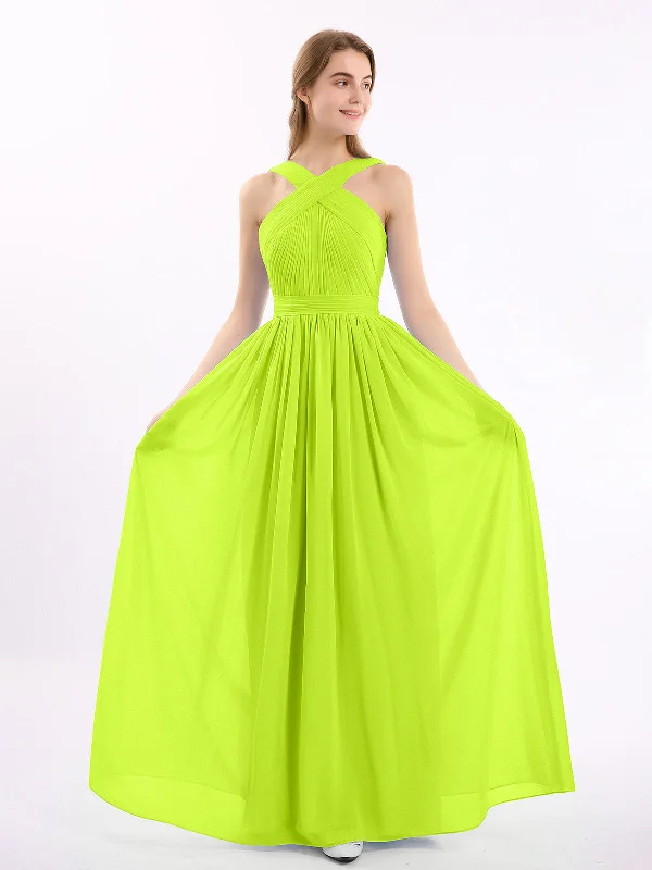 Cross Front Chiffon Long Dress with Bow Lime Green Tunics Bridal satin