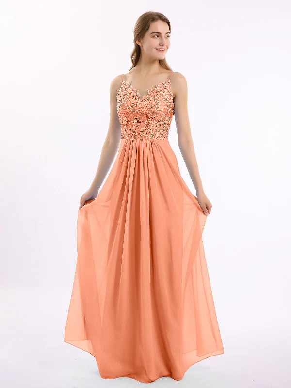Lace and Chiffon Long Dresses with Spaghetti Straps Papaya Elegant Long Evening