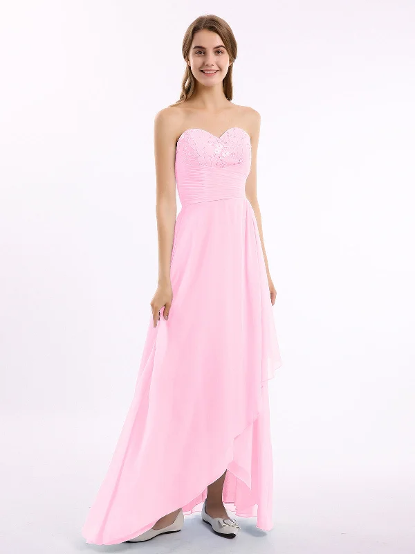 Strapless Sweetheart neck Long Dress with Beaded Candy Pink Tunics Bridal satin