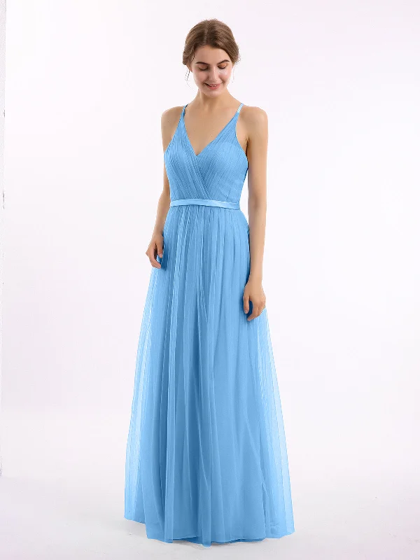 V Neck Tulle Long Dresses with Satin Sash Blue Tunics Designer luxury