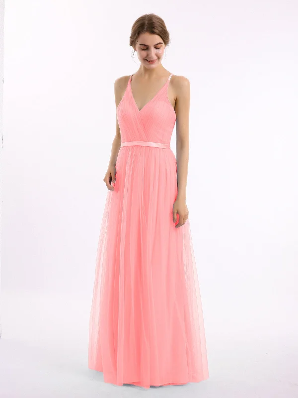 V Neck Tulle Long Dresses with Satin Sash Flamingo Tunics Seasonal trendy