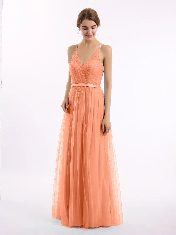V Neck Tulle Long Dresses with Satin Sash Papaya Tunics Occasion special