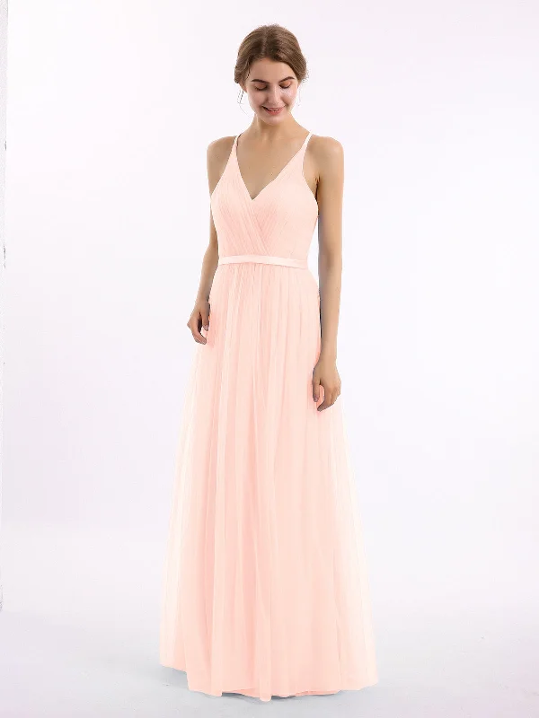 V Neck Tulle Long Dresses with Satin Sash Pearl Pink Tunics Versatile all-occasion