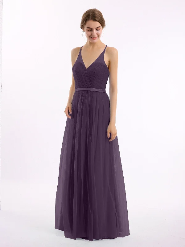 V Neck Tulle Long Dresses with Satin Sash Plum Tunics Fashionable chic