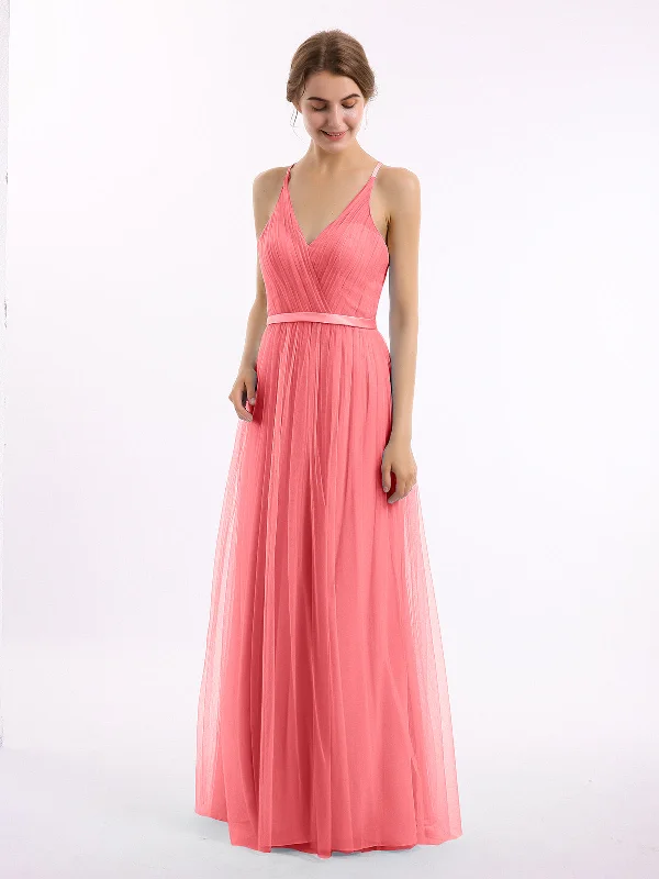 V Neck Tulle Long Dresses with Satin Sash Watermelon Tunics Office stylish