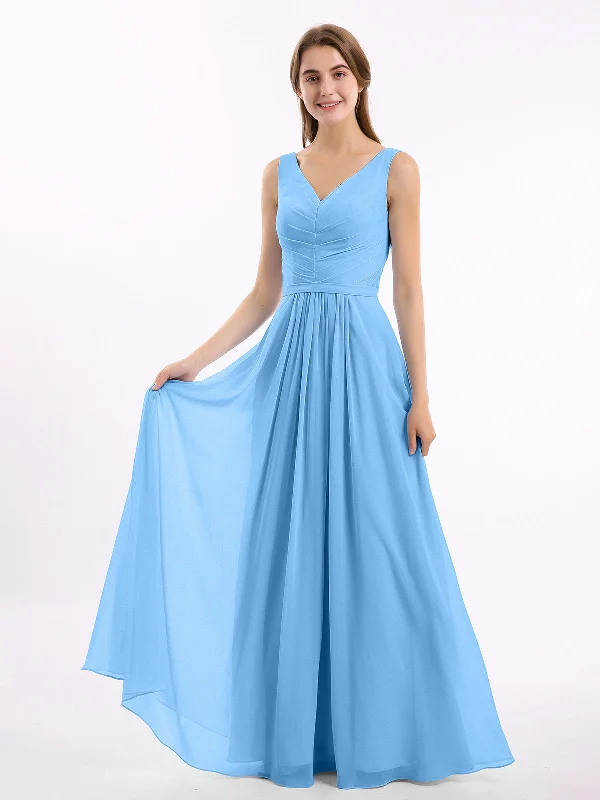 V-neck Chiffon Long Dress of Bridesmaids Blue Tunics Luxurious high-end