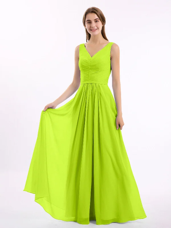 V-neck Chiffon Long Dress of Bridesmaids Lime Green Tunics Party sparkling