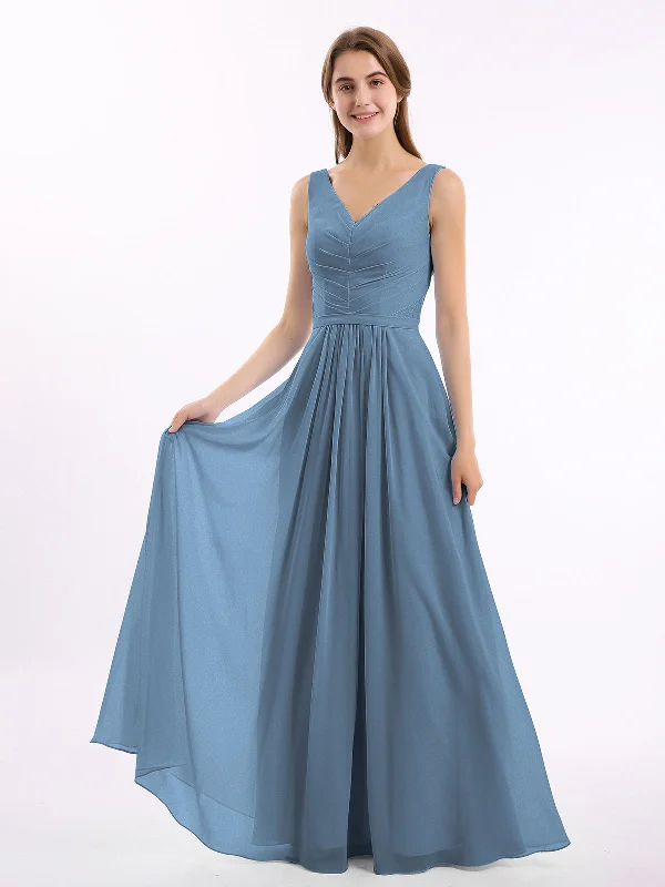 V-neck Chiffon Long Dress of Bridesmaids Slate Blue Cowl Neckline Elegant
