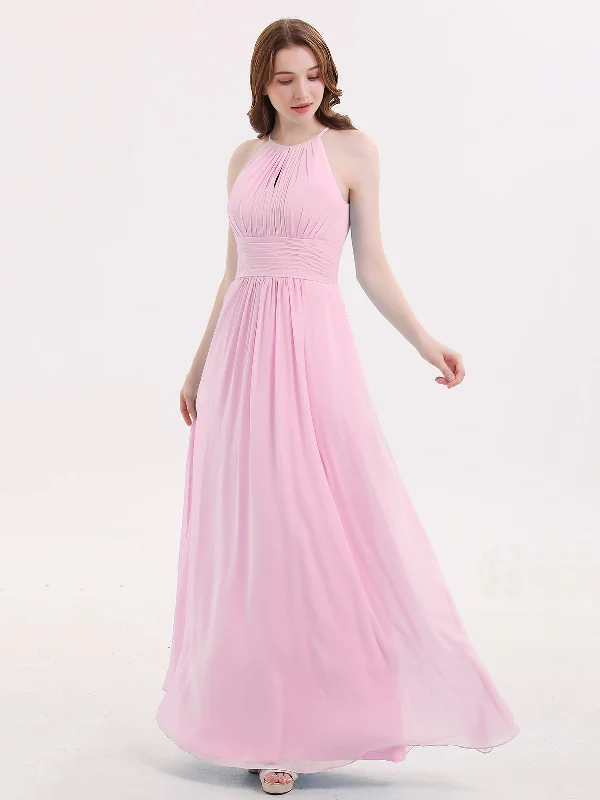 Halter Long Chiffon Dress with Pleated Waist-Candy Pink Tunics Review highly