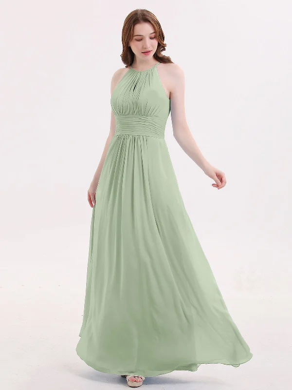 Halter Long Chiffon Dress with Pleated Waist-Dusty Sage Tunics Trendy modern