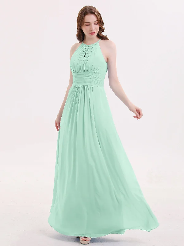Halter Long Chiffon Dress with Pleated Waist-Mint Green Tunics Chic fashionable