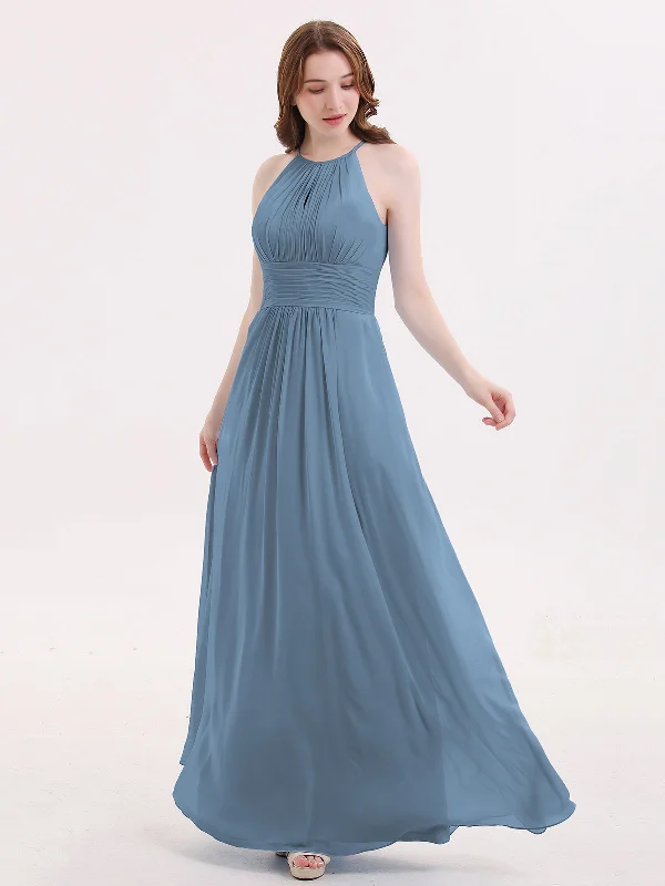 Halter Long Chiffon Dress with Pleated Waist-Slate Blue Tunics Custom made