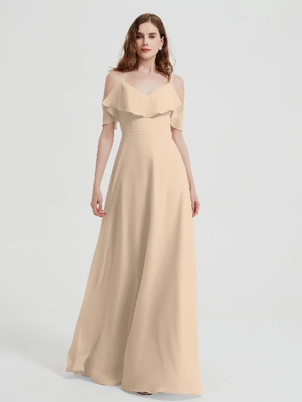 Spaghetti Straps V-neck Chiffon Long Dresses-Champagne Tunics stripes playful
