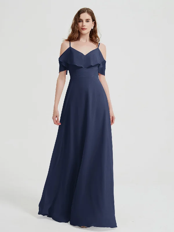 Spaghetti Straps V-neck Chiffon Long Dresses-Dark Navy Turtleneck Neckline Stylish