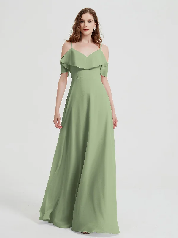 Spaghetti Straps V-neck Chiffon Long Dresses-Dusty Sage Tunics Top rated