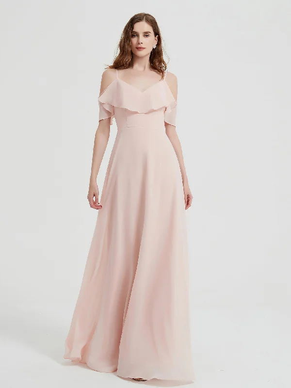 Spaghetti Straps V-neck Chiffon Long Dresses-Pearl Pink Tunics Seasonal trendy