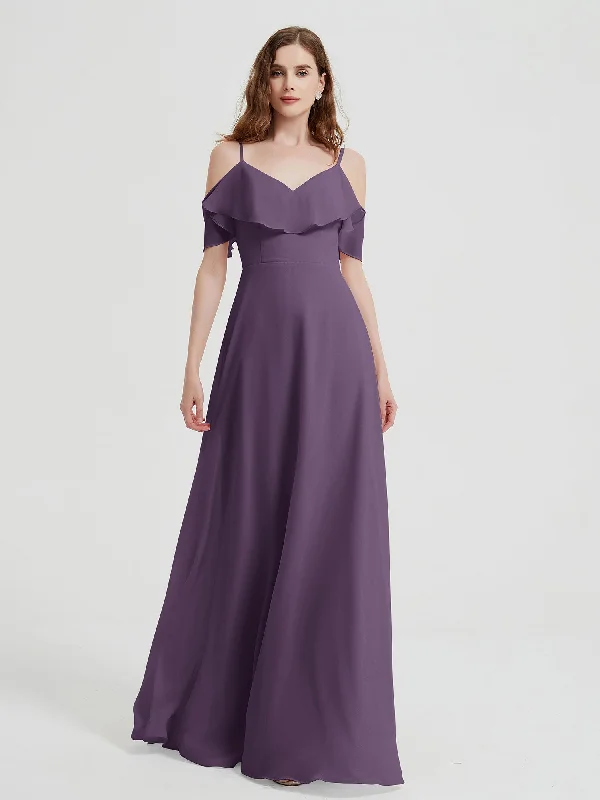 Spaghetti Straps V-neck Chiffon Long Dresses-Plum Tunics Fleece cozy