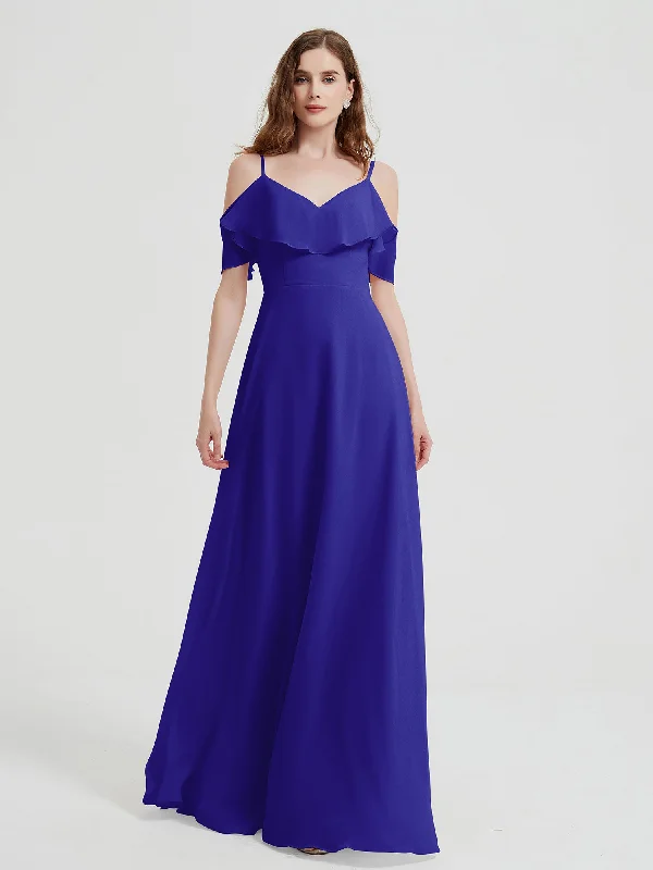 Spaghetti Straps V-neck Chiffon Long Dresses-Royal Blue Tunics Occasion special