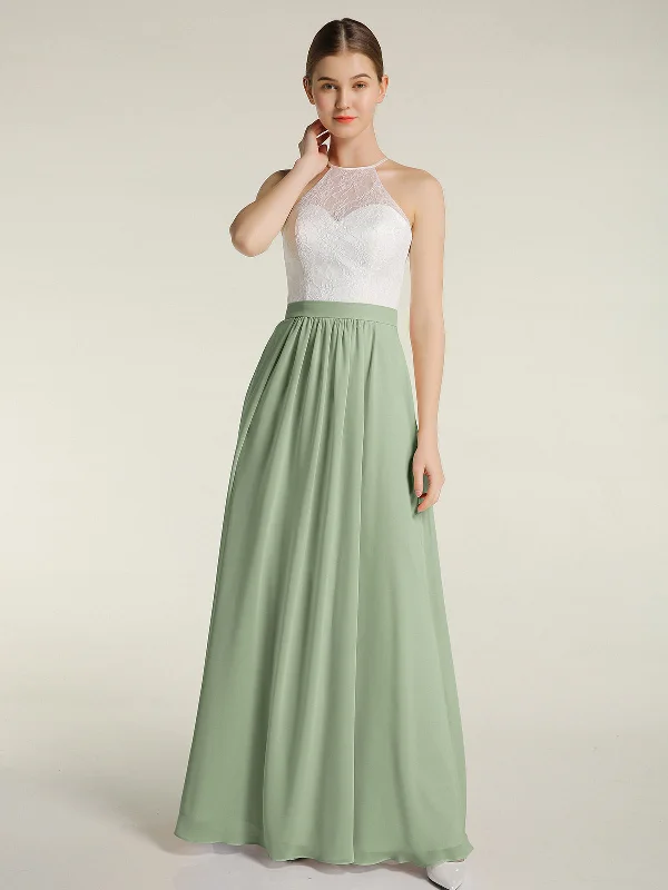 Chiffon Long Dresses with Ivory Lace Bodice-Dusty Sage Tunics Seasonal trendy