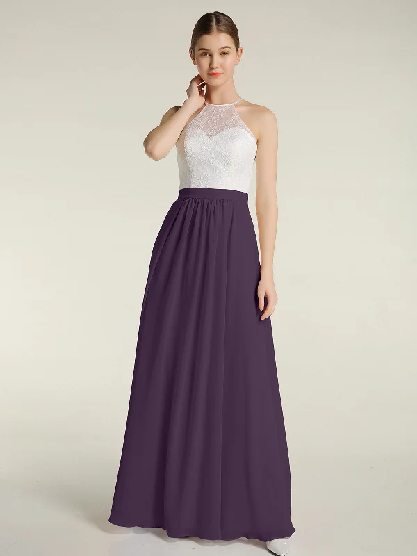 Chiffon Long Dresses with Ivory Lace Bodice-Plum Tunics Corduroy durable