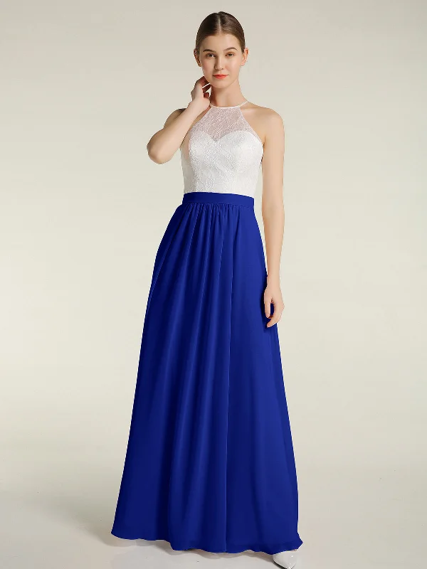 Chiffon Long Dresses with Ivory Lace Bodice-Royal Blue Tunics Ceremony elegant